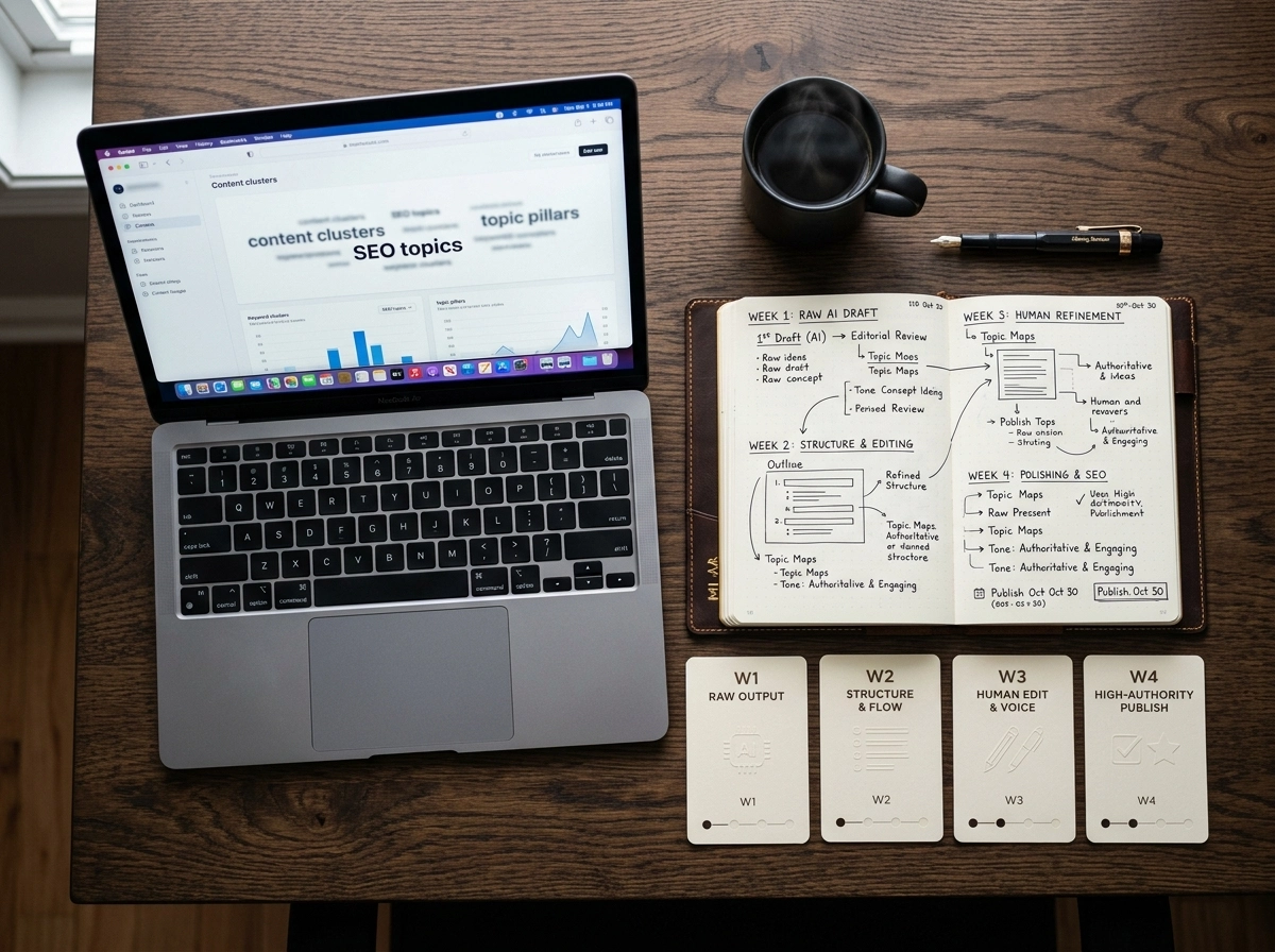 Laptop and notebook showing an AI content automation workflow for SEO growth.
