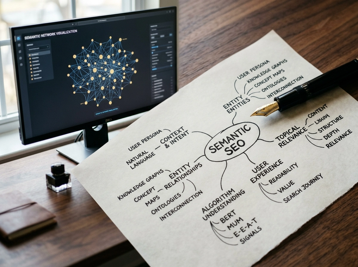 Semantic SEO mind map on a desk, illustrating content clustering strategy and topical authority for better ranking.