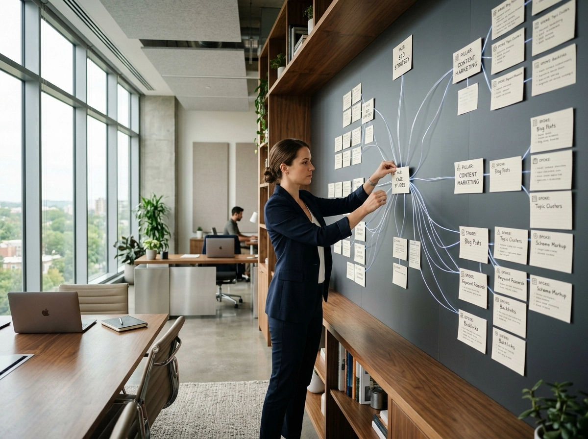 Professional planning a content clustering strategy for rank-ready content on a wall.