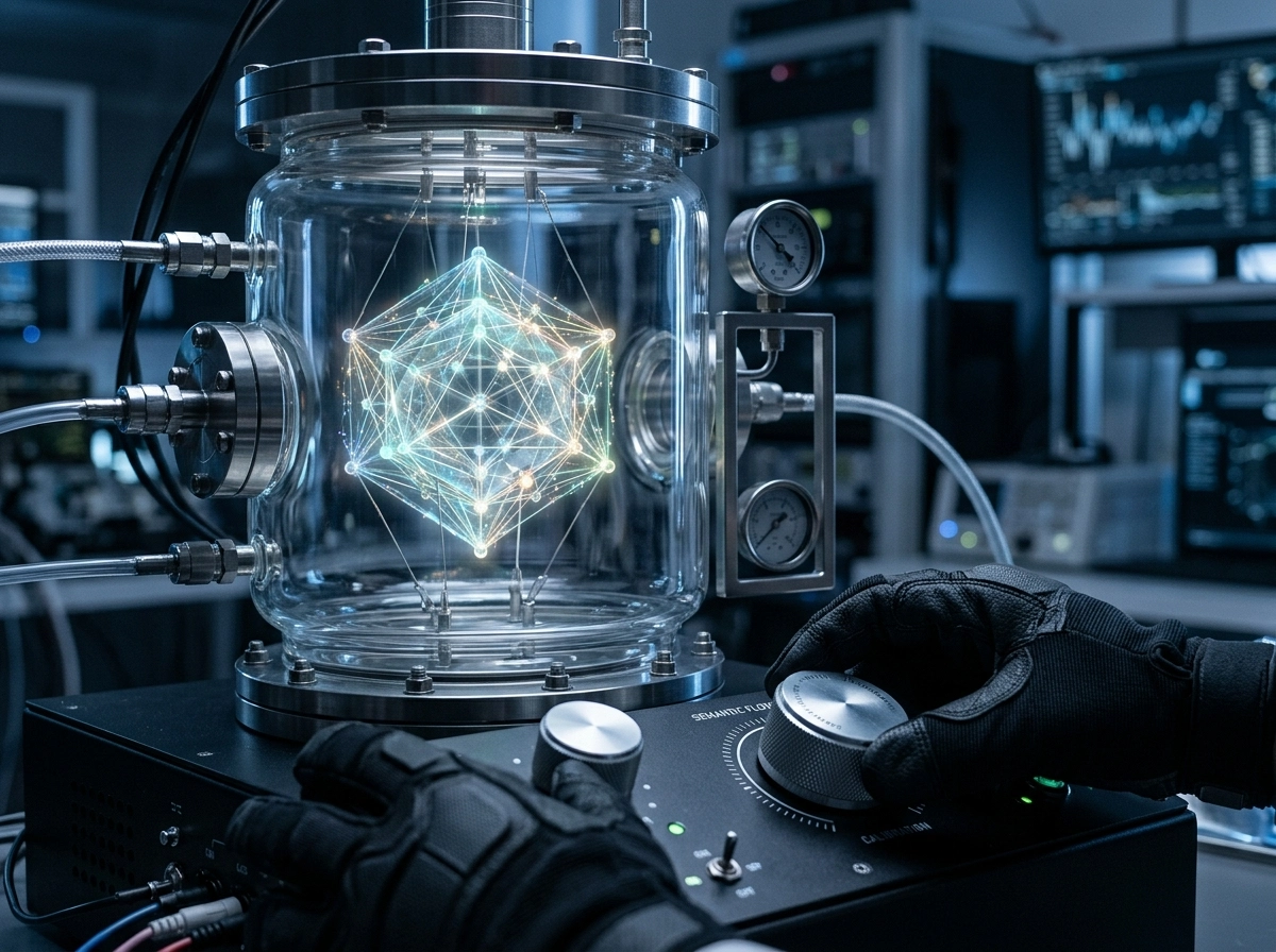 A high-precision, laboratory-inspired close-up of a complex, interconnected crystalline structure suspended within a transparent, vacuum-sealed glass containment vessel. The crystal features a web of glowing, multifaceted nodes, each emitting a distinct, soft-hued bioluminescence representing interconnected semantic data vectors. In the foreground, a pair of hands wearing professional, dark-toned tactical gloves is precisely adjusting a brushed-aluminum, tactile control dial on a matte-black console, symbolizing rigorous human calibration and measurement of topical authority. The environment is a dimly lit, high-tech research space with dramatic, cool-toned cinematic lighting—deep blues and sharp, icy whites—that creates high-contrast highlights on the geometric facets of the crystal. The scene is captured with a 50mm macro lens, featuring a shallow depth of field that keeps the intricate, crystalline web in sharp focus while softly blurring the ambient laboratory background. The atmosphere is clinical, methodical, and profoundly sophisticated, rendered with hyper-realistic textures of cold glass, brushed metal, and shimmering light refraction. No text, no charts, no diagrams. Photorealistic, 8k resolution, volumetric lighting, sharp focus, professional color grading.