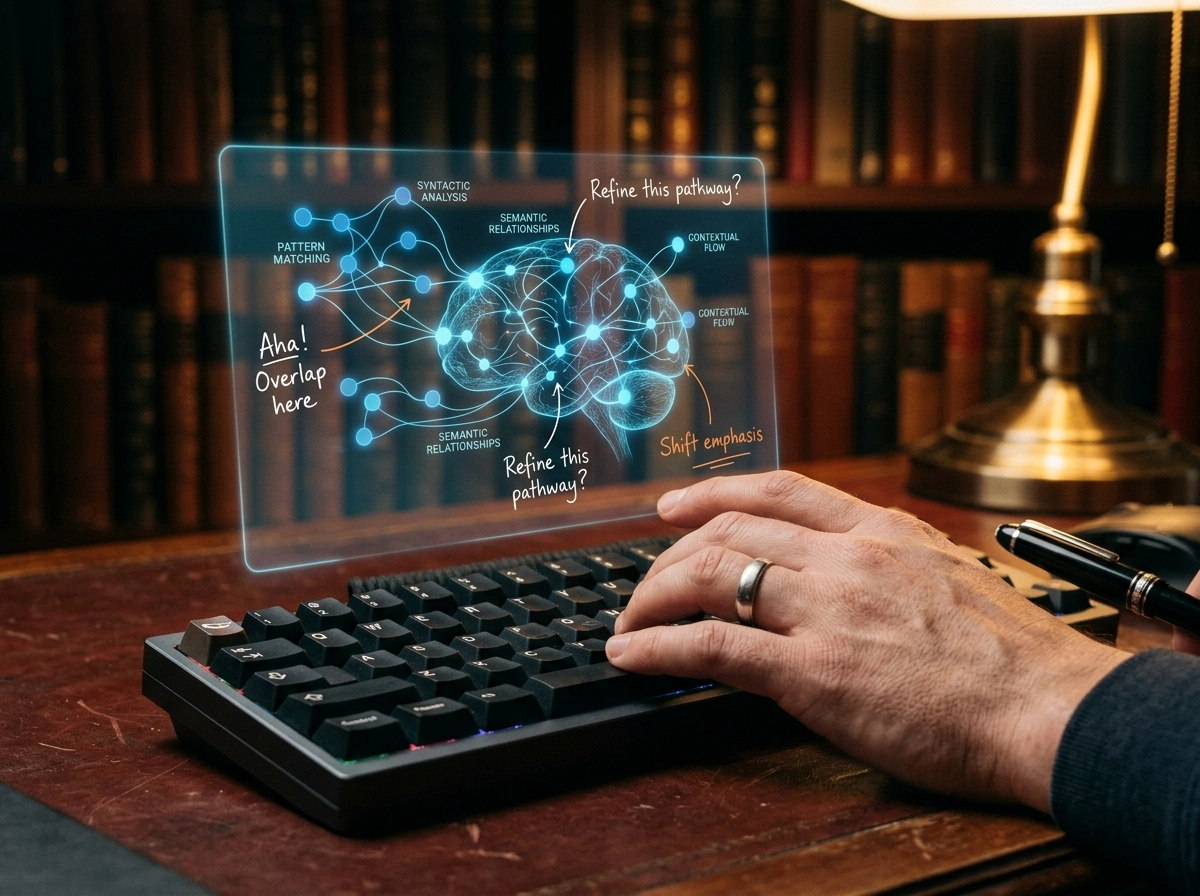 A hyper-realistic cinematic close-up of a professional workspace capturing the synergy between human intuition and machine intelligence. A person’s hand rests naturally on a high-end mechanical keyboard, fingers poised in a thoughtful posture, while a translucent, ethereal holographic interface hovers just above the mahogany desk surface. The projection displays a sophisticated, interconnected web of semantic nodes and glowing neural pathways, seamlessly transitioning into organic, handwritten annotations that suggest human editorial oversight. The lighting is meticulously balanced: the sharp, crisp cyan glow from the digital interface contrasts with the rich, golden-amber hue of a nearby vintage desk lamp, creating soft shadows and a warm, intellectual atmosphere. The depth of field is shallow, pulling focus to the interaction between the hand and the hologram, with the background dissolving into the blurred, textured spines of leather-bound books and dark wood shelves, reinforcing a sense of established authority and expertise. Shot on 35mm lens, f/1.8, capturing fine skin textures, metallic keyboard finishes, and the subtle refraction of light through the holographic elements. The mood is calm, methodical, and profoundly focused.