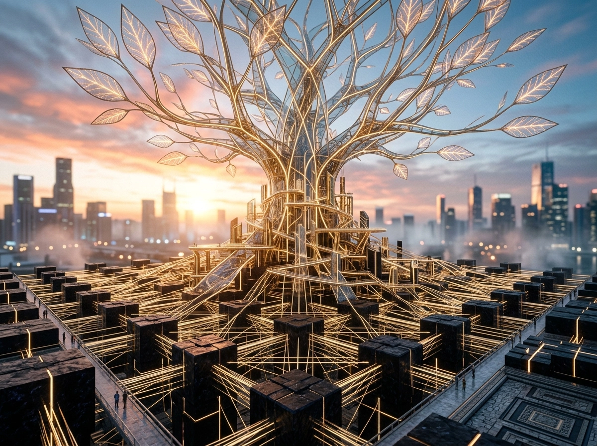 Glowing tree structure representing a content clustering strategy for rank-ready content.