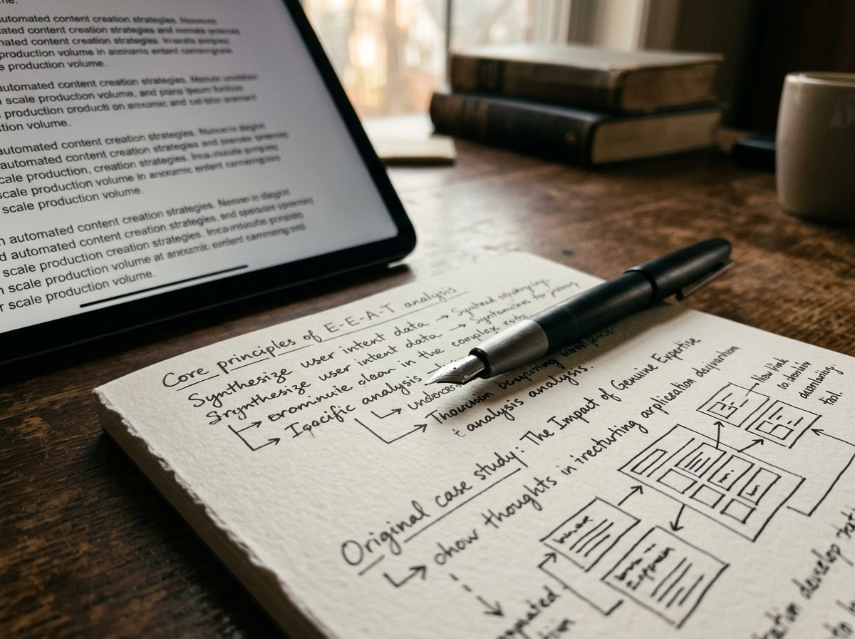 Handwritten notes on content depth strategies next to an ai content generator on a tablet.