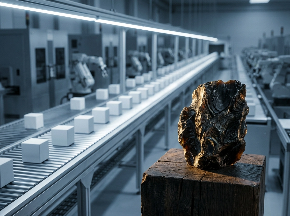 A raw stone on a pedestal near an automated content creation tool assembly line.