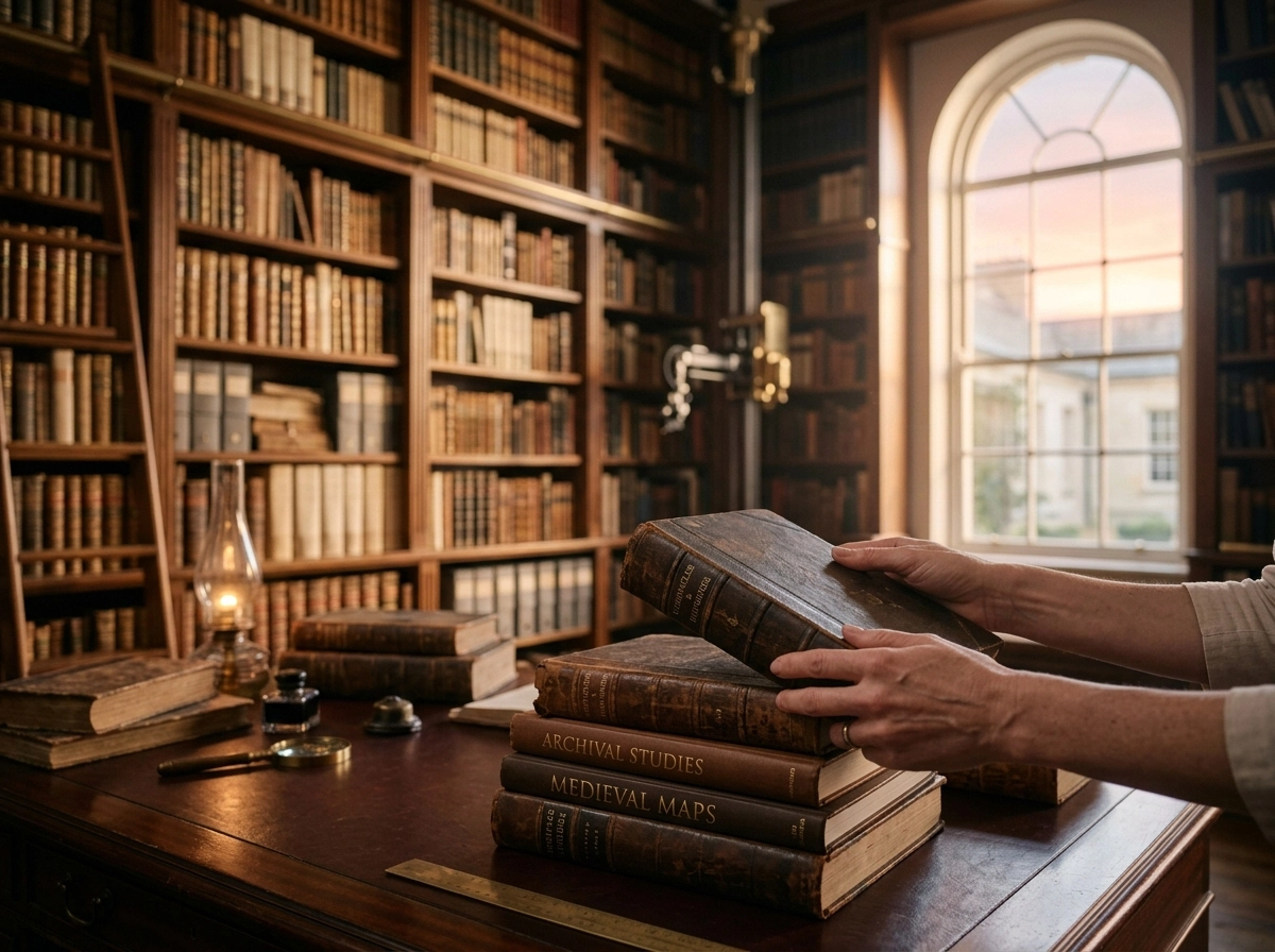 Hands holding an old book in a library, representing deep content quality standards.