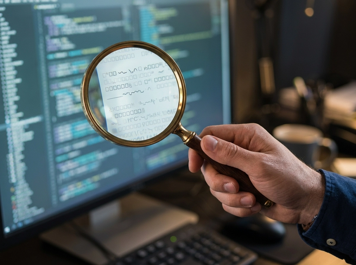 Hand holding a magnifying glass over code to check content quality standards and avoid AI spam.