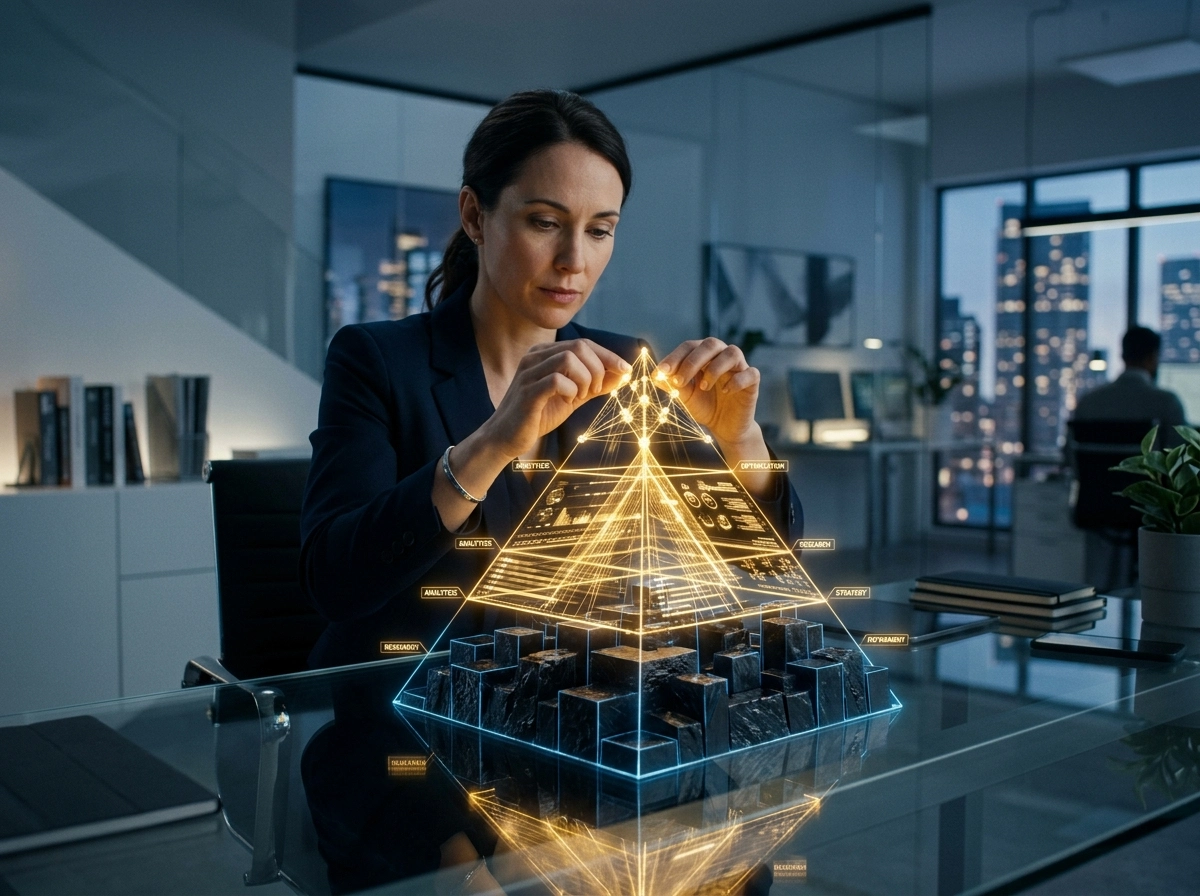 Professional analyzing a digital pyramid to improve content depth strategies and search rankings.