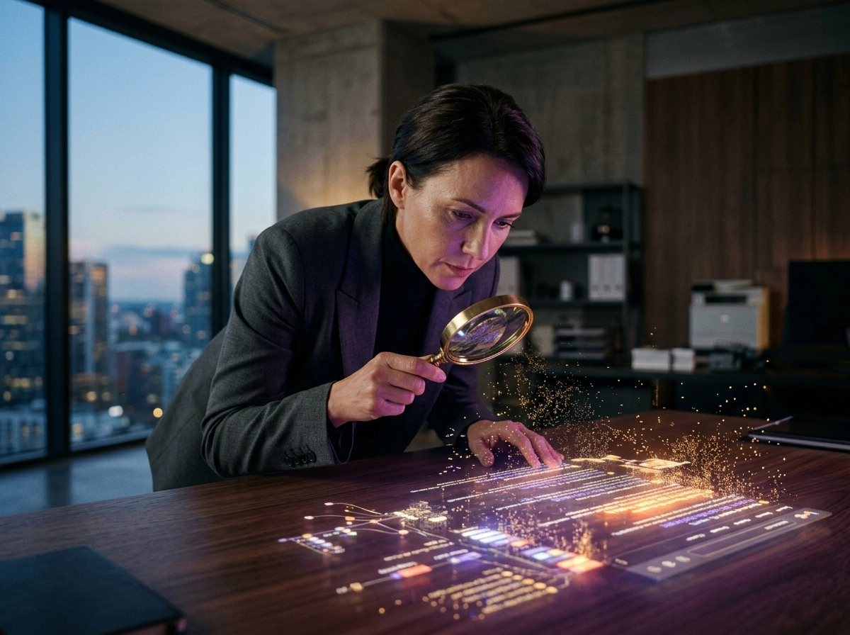 Professional using a magnifying glass to analyze data with an AI SEO blog writer tool.