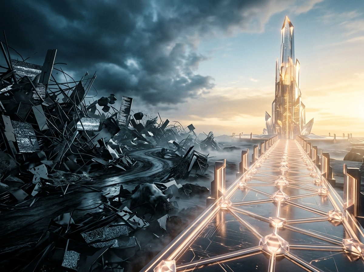 A futuristic path leading to a crystal tower, representing advanced SEO AI writer technology.