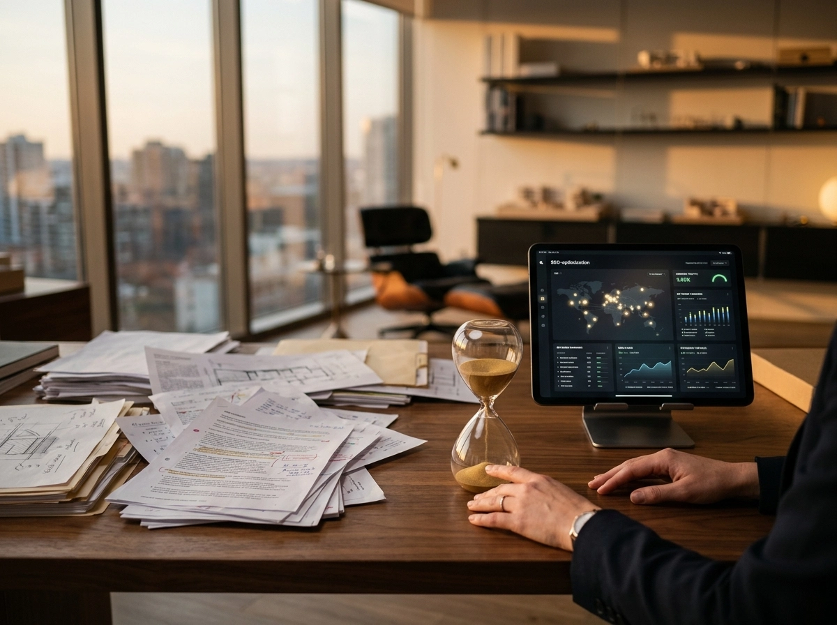 Person using an AI SEO blog writer tool to analyze data on a tablet in a modern office.
