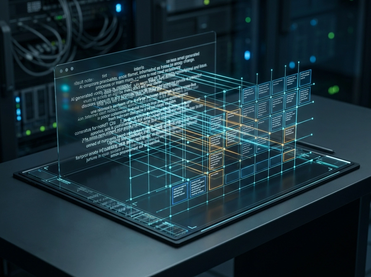 Digital interface showing an AI article writer processing complex data structures in a server room.