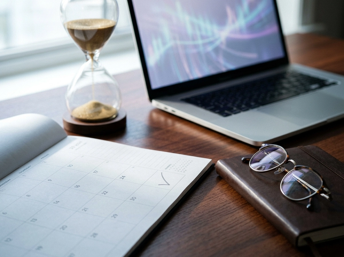 Cinematic editorial photography, high-angle close-up of a minimalist mahogany desk surface. A physical, high-end paper calendar lies open, with the thirtieth day marked by a subtle, deliberate graphite checkmark, emphasizing the transition from the initial surge to the reality of the inflection point. Beside it, a sleek, open laptop screen displays a soft-focus, ethereal stream of data-inspired light trails, representing the fading momentum of automated content. A sophisticated glass hourglass sits prominently, its fine golden sand mid-flow, catching the crisp, cool-toned morning light streaming from a nearby window. The depth of field is shallow, focusing sharply on the texture of the paper and the delicate wire frame of reading glasses resting on a leather-bound notebook. The atmosphere is contemplative and professional, utilizing a color palette of muted slate greys, warm walnut wood tones, and soft, diffused daylight. Shot on 35mm lens, f/2.8, capturing fine grain and natural highlights. The composition evokes a sense of strategic pause and analytical clarity, devoid of any digital overlays or text, focusing entirely on the tangible passage of time and the shift in search visibility dynamics.