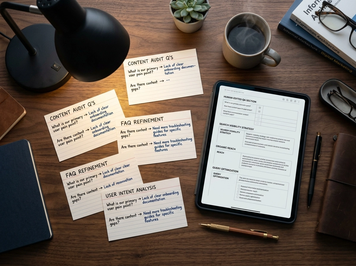 Desk with tablet and notes for content strategy automation and seo content generator planning.