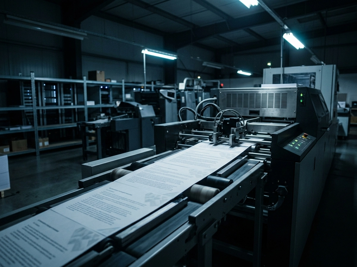 Industrial printing press representing automated content creation and ai content writer workflows.