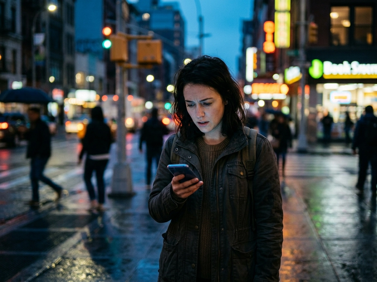 Cinematic street-level photography capturing the precise moment of a user’s disillusionment during a search experience. A lone individual stands in a bustling, high-speed urban corridor, their posture slightly hunched as they stare intently at a smartphone screen that emits a cool, sterile glow onto their face. Their expression is one of subtle frustration and cognitive dissonance. The background is a deliberate blur of motion-streaked city lights and shimmering neon signs, rendered with a shallow depth of field that isolates the subject. The atmosphere is defined by the deep, moody palette of a cold blue hour, with sharp, prismatic reflections of artificial light dancing on the rain-slicked pavement. The composition emphasizes the contrast between the static, confused human subject and the chaotic, rapid-fire pace of the digital environment surrounding them. Shot on 35mm lens, f/1.8, high-fidelity textures, realistic skin tones, cinematic lighting, sharp focus on the subject's contemplative gaze, atmospheric bokeh, no text, no overlays, photorealistic, professional color grading.