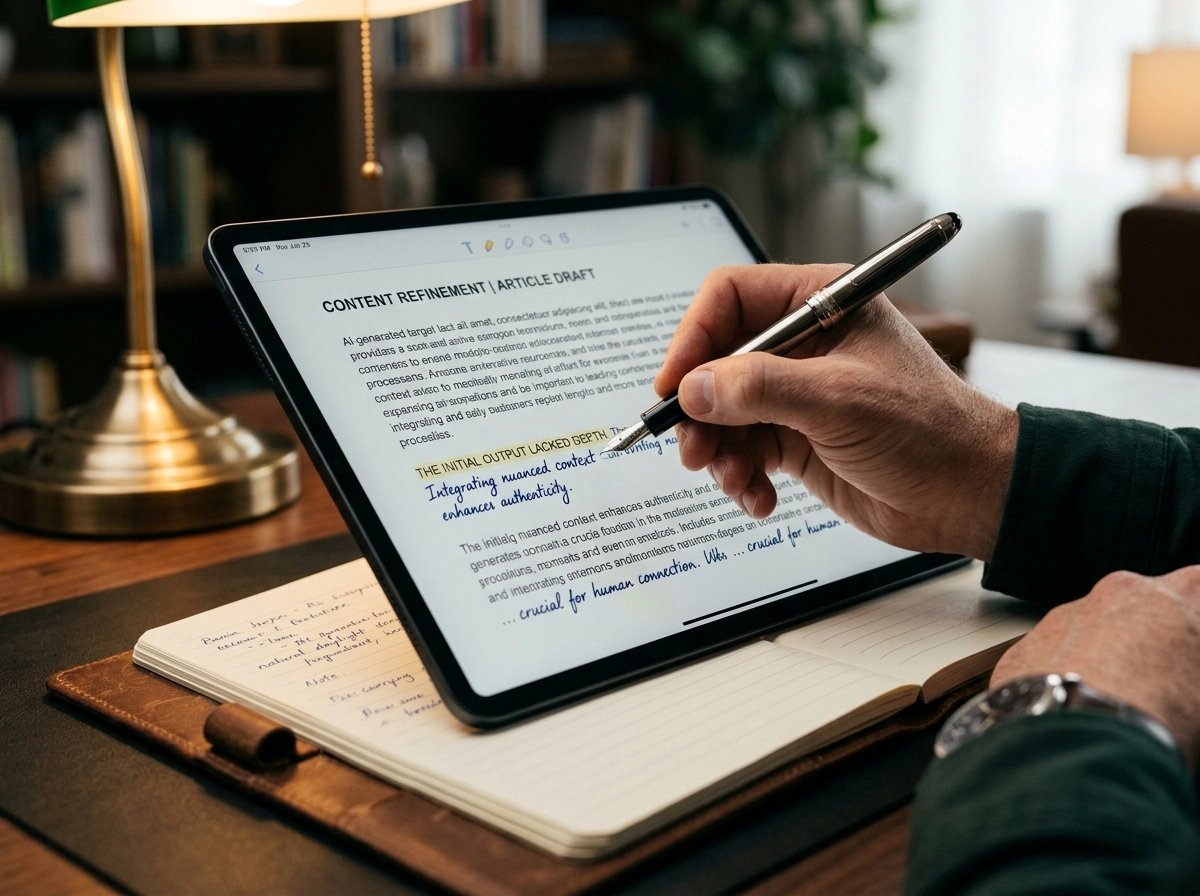 A high-end, cinematic close-up shot focusing on the tactile intersection of human intuition and digital automation. A person’s hand, captured in sharp focus, holds a premium fountain pen, its nib poised just above a sleek, matte-finish tablet screen. The screen displays dense blocks of AI-generated text, where specific sentences are being meticulously edited and rewritten with natural, rhythmic phrasing, visually distinguishing the refined human touch from the robotic baseline. Beneath the tablet, a leather-bound notebook lies open, its textured cream paper catching the warm, soft glow of a nearby brass desk lamp, creating a rich contrast between analog craftsmanship and modern digital workflow. The lighting is intimate and directional, casting soft shadows that emphasize the grain of the paper and the metallic sheen of the pen. The color palette is sophisticated and grounded, utilizing deep forest green accents, warm gold highlights, and soft cream tones to evoke a sense of deliberate, intellectual rigor. Shot with a 50mm macro lens at f/2.8 to provide a shallow depth of field, blurring the background into a serene, professional office environment. The image emphasizes the deliberate "human-in-the-loop" process that stabilizes content quality, avoiding any sense of digital clutter or technological coldness.