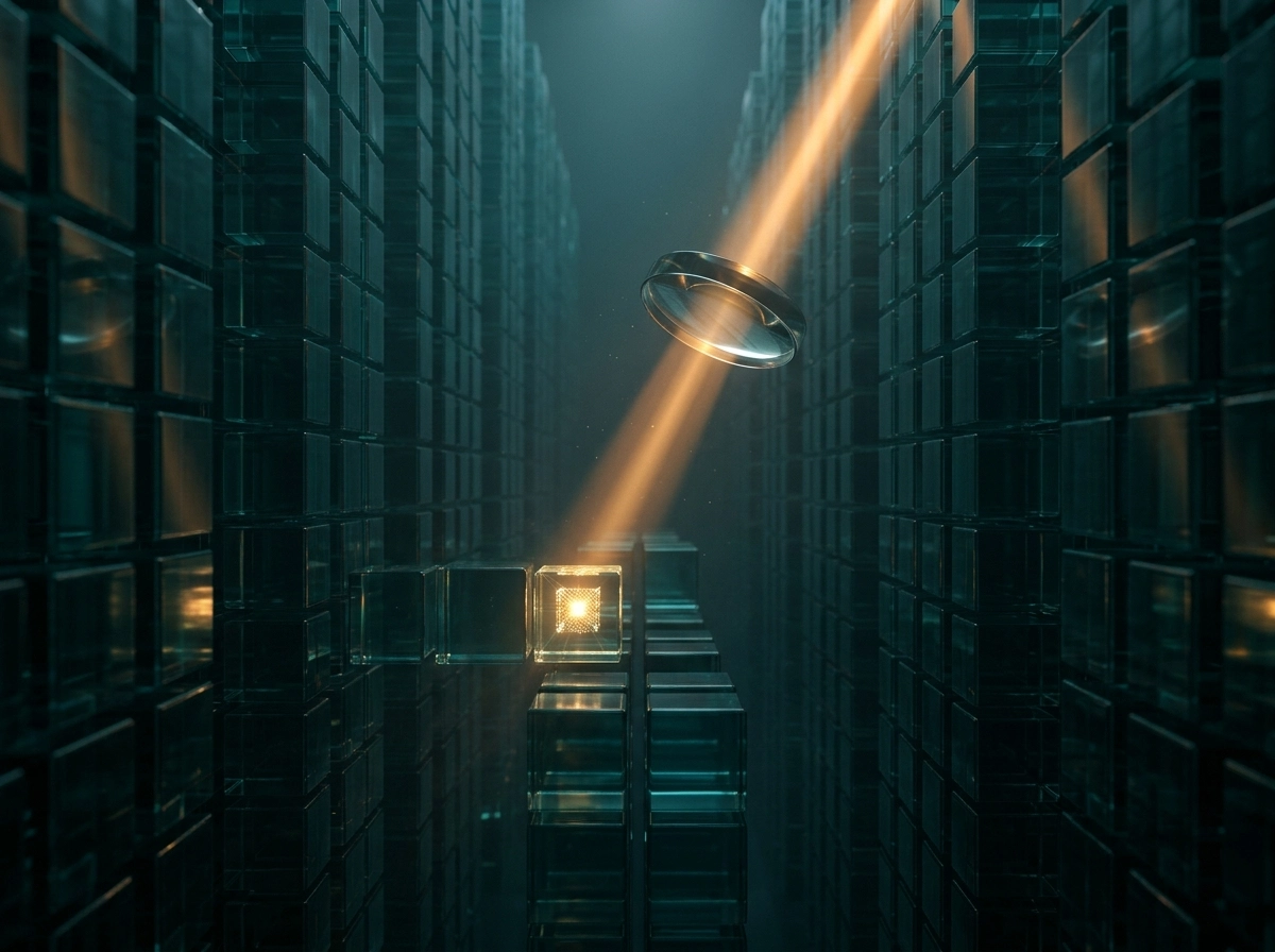 A lens focusing light on data blocks, representing an AI content writer for automated SEO writing.