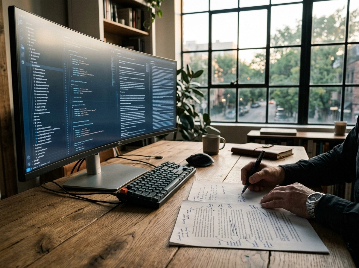 A developer reviews AI blog content on a screen, ensuring quality control for an SEO friendly content generator.