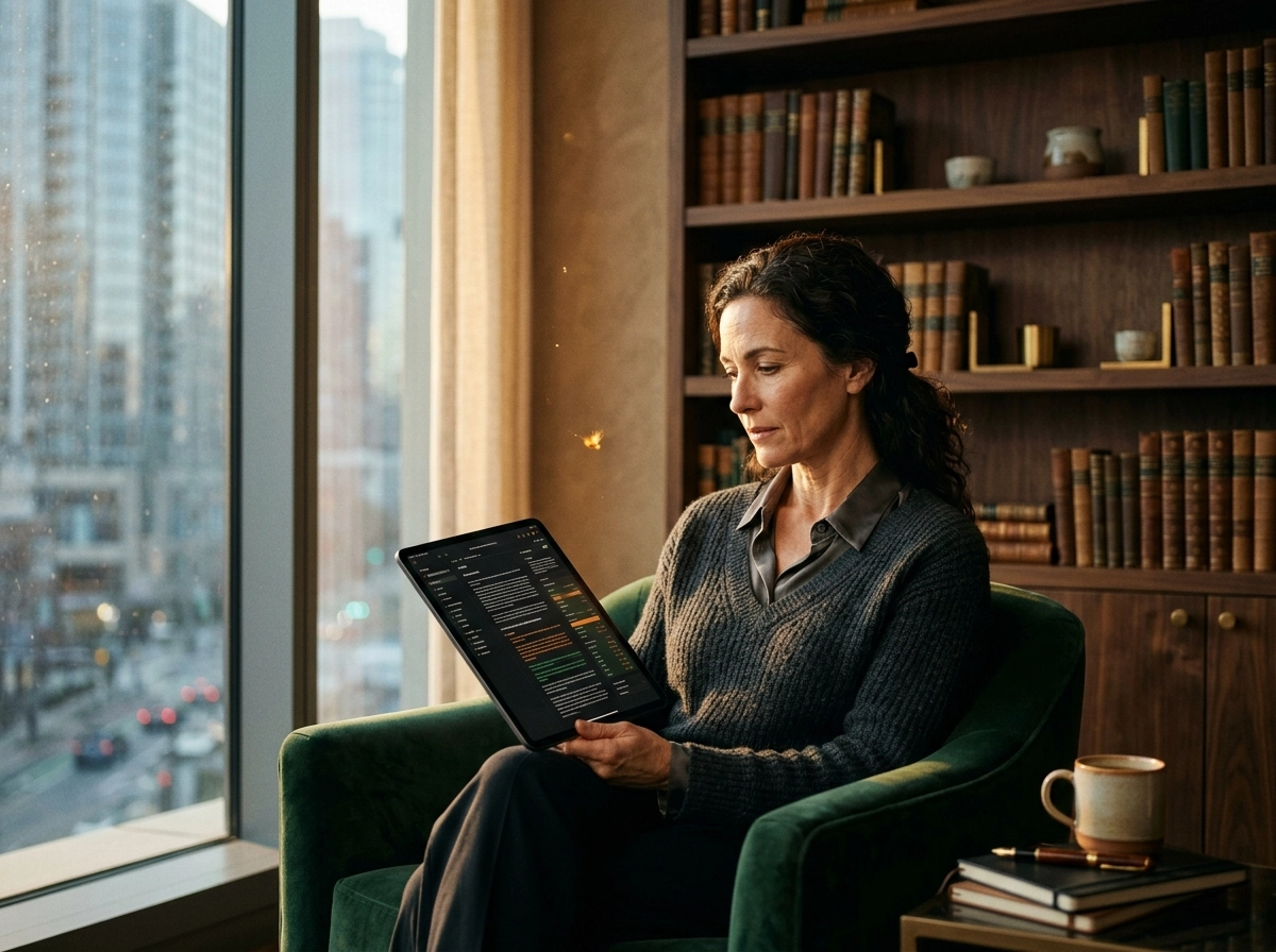 A woman reviews content on a tablet, demonstrating human oversight in an AI driven content platform workflow.