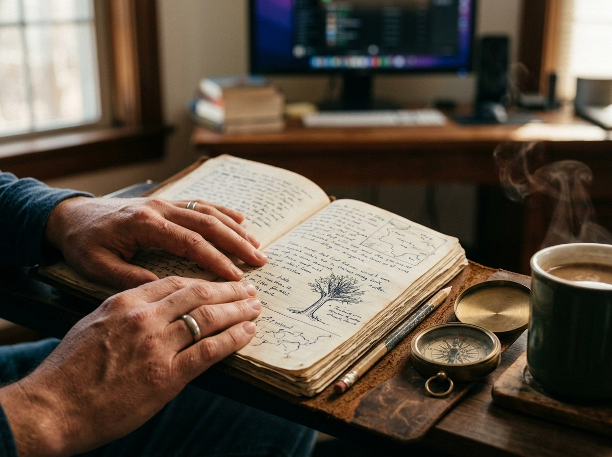 Human hands reviewing a journal for content quality control, complementing a smart content generator.