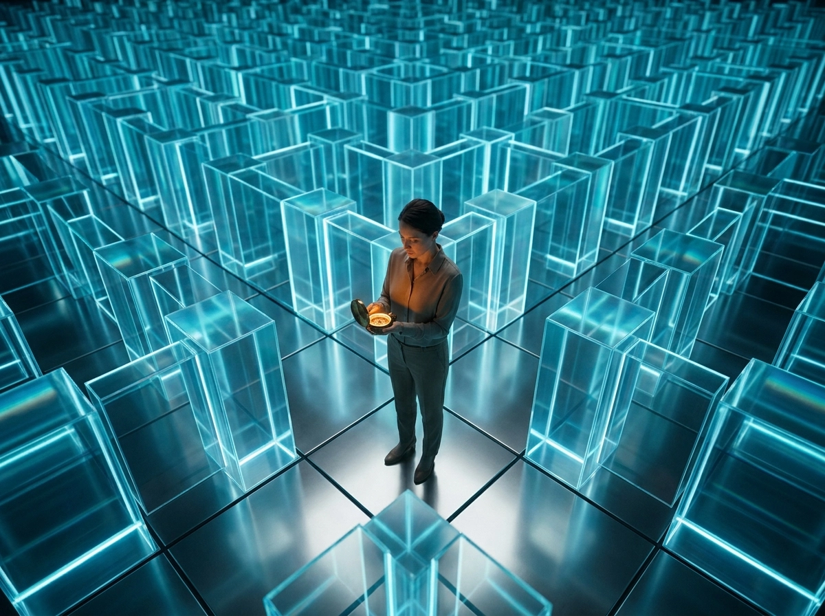 A woman navigating a digital maze with a compass, symbolizing an ai driven content platform with human oversight.