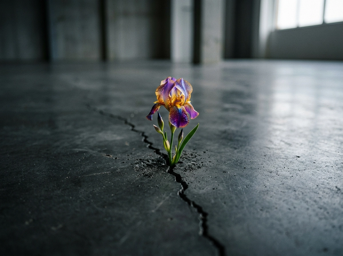 A flower growing through concrete, representing our hybrid AI blog writing content quality control.