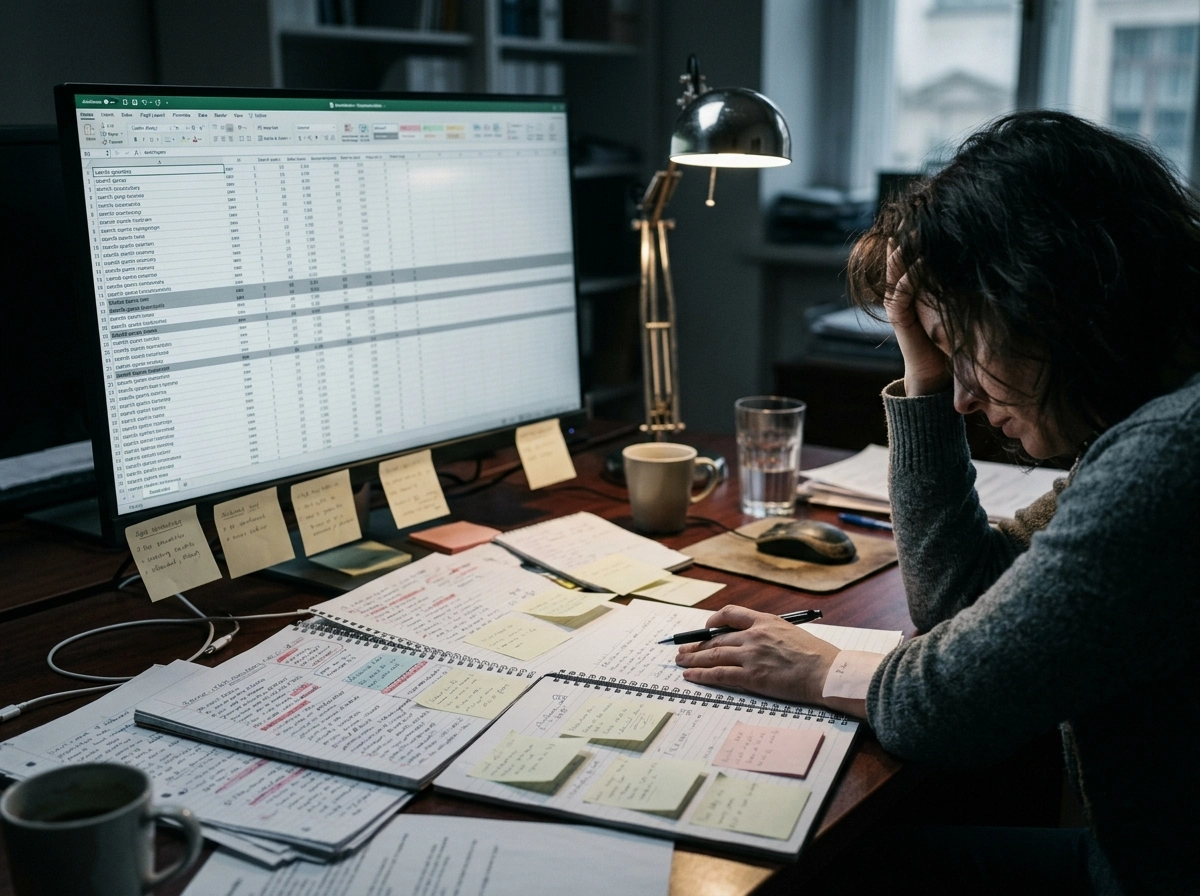 Stressed researcher with spreadsheets highlighting the need for niche research automation.
