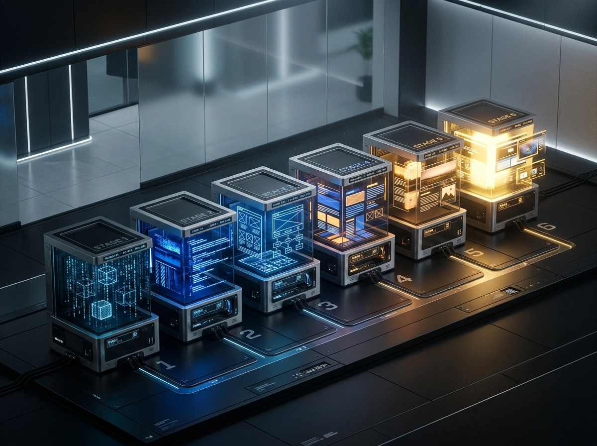 A high-end, cinematic isometric render depicting a sophisticated six-stage automated content production pipeline set within a minimalist, glass-walled studio. Six sleek, modular workstations are arranged in a precise, linear progression, each representing a distinct phase of the workflow. The first module features raw, unrefined digital matrices in cool blue light, transitioning through stages of increasing refinement—glowing data streams, structured wireframes, and refined content blocks—until reaching the final module, which emits a warm, polished golden luminescence. The environment is defined by matte-black metallic surfaces, soft ambient recessed lighting, and a shallow depth of field that keeps the pipeline in sharp focus. The aesthetic is ultra-modern and clinical, utilizing a refined color palette of slate grey, electric cobalt, and deep amber highlights. Photorealistic textures on the brushed aluminum surfaces and subtle dust particles catching the light provide a high-fidelity, architectural atmosphere. The composition emphasizes seamless technical orchestration, with clean lines, perfect geometric symmetry, and a sense of quiet, high-velocity efficiency, captured with a 35mm lens, f/8 aperture, and sharp, crisp lighting physics.