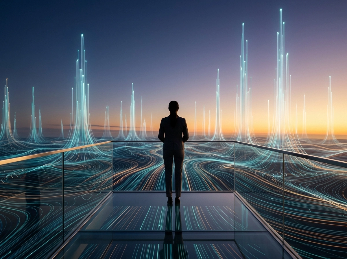 A person looking at digital data streams, representing an automated seo blog writer and niche site scaling.