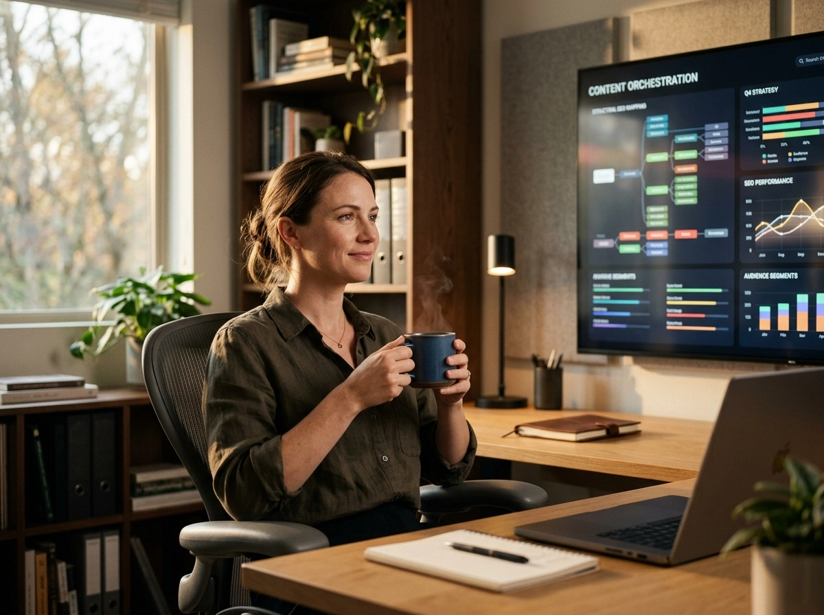 A hyper-realistic cinematic portrait of a professional content strategist sitting in a high-end, minimalist home office, captured with a 35mm lens at f/2.0 to create a soft, shallow depth of field. The subject is leaning back in an ergonomic chair, holding a steaming ceramic mug, their expression one of calm, reflective focus rather than exhaustion. In the soft-focus background, a large vertical monitor displays a complex, neatly organized content dashboard with shimmering lines of data and structural SEO mapping, glowing faintly in the ambient light. The room is bathed in the warm, golden-hour glow of natural morning light streaming through a nearby window, highlighting dust motes dancing in the air and the rich texture of a nearby wooden bookshelf. The color palette is a sophisticated blend of deep charcoal, warm oak, and soft amber tones. The scene captures the transition from manual labor to high-level orchestration, emphasizing a professional, serene environment where editorial fatigue has been replaced by calculated oversight. The lighting is precise, emphasizing natural skin textures and the tactile quality of the workspace, creating an atmosphere of authentic, high-velocity productivity.