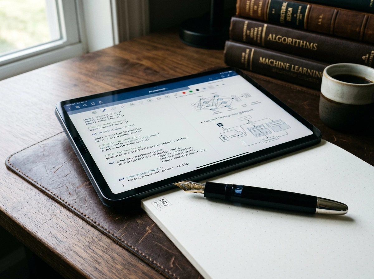 A cinematic, high-detail macro photograph capturing the intersection of traditional technical expertise and modern generative AI. A premium fountain pen with a polished obsidian barrel and a finely tipped gold nib rests precisely on a textured, dark walnut desk, positioned slightly askew beside a high-resolution tablet. The tablet screen glows with a crisp, professional documentation interface featuring complex, structured technical code snippets and architectural diagrams, rendered with razor-sharp clarity. The lighting is moody and sophisticated, characterized by soft, cool-toned daylight filtering through a nearby window, creating subtle high-contrast highlights on the metallic pen clip and the glass screen. In the soft-focus background, a stack of thick, leather-bound technical engineering manuals rests in shadow, adding depth and narrative weight to the workspace. The composition utilizes a shallow depth of field, drawing the eye to the tactile precision of the nib and the precise syntax on the display. The atmosphere is quiet, intellectual, and contemplative, emphasizing the meticulous human oversight required in the age of automation. Shot on a 85mm lens with natural color grading, emphasizing deep blacks, warm wood tones, and the clean, clinical glow of the digital interface.