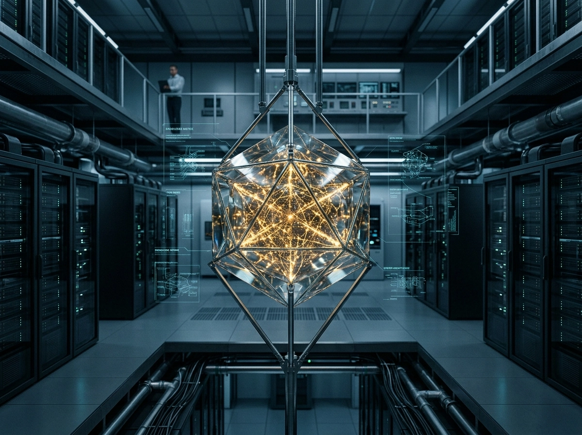 A hyper-realistic, cinematic wide shot of a high-tech, sterile server architecture room, focusing on a central, suspended crystalline core. The core is an intricate, multifaceted glass dodecahedron containing a dense, golden neural lattice of interconnected data-nodes, each connected by thin, precise filaments of bioluminescent fiber-optic light. The interior of the sphere glows with a warm, amber intelligence, contrasting sharply against the cool, deep slate-blue atmosphere of the laboratory. Floating in the air surrounding the sphere are faint, ghost-like holographic schematics of technical documentation structures, rendered in delicate, crisp cyan lines. The lighting is masterfully controlled, with soft rim-lighting emphasizing the glass texture and realistic refractive properties. Shallow depth of field blurs the background lab equipment, keeping the focus on the structured complexity of the central knowledge base. The mood is one of rigorous precision, advanced engineering, and intellectual clarity. Shot on 35mm lens, f/2.8, sharp focus on the golden filaments, cinematic color grading, photorealistic textures, 8k resolution, clean composition, no distortion.