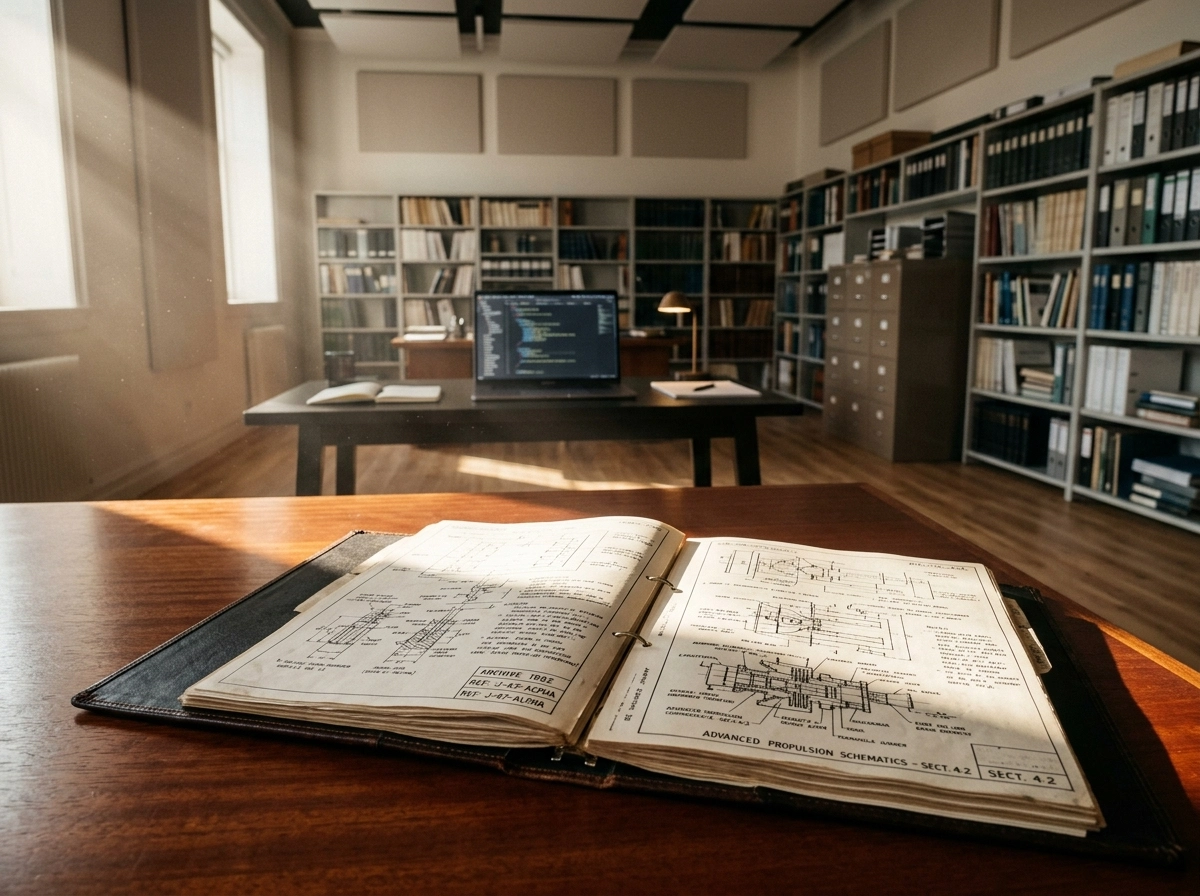 A cinematic, wide-angle interior shot of a sophisticated, high-end technical archive room. The foreground features a heavy, open leather-bound binder resting on a polished mahogany table, its pages filled with intricate, hand-annotated technical schematics and dense, legible engineering specifications. A single, sharp, dramatic ray of natural sunlight filters through an unseen window, illuminating the precise ink lines on the paper and casting a soft glow on the surrounding dust motes. In the background, rendered with a shallow depth of field, sits a sleek, modern workstation with a minimalist laptop, symbolizing the bridge between legacy knowledge and digital generation. The atmosphere is one of intellectual weight and absolute authority. The lighting is warm and directional, emphasizing textures of graining wood, textured paper, and crisp, dark ink. The color palette centers on rich walnut, deep charcoal, and off-white parchment, avoiding any digital clutter. Captured with a 35mm lens, f/2.8, hyper-realistic textures, professional architectural photography style, cinematic lighting, high-contrast, serene and studious mood, no distortion, impeccable anatomy if a hand is visible, focus on the physical source of truth as the bedrock of technical accuracy.