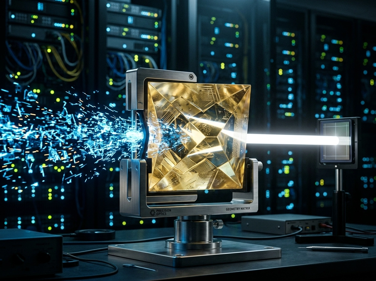 A hyper-realistic, cinematic close-up of a high-tech optical apparatus set within a dimly lit, professional server room. A chaotic, flickering stream of distorted, jagged blue digital data particles enters a precision-engineered, translucent golden crystalline prism mounted on a brushed-steel laboratory stand. As the stream passes through the internal geometry of the crystal, the chaotic light is refracted and filtered, emerging on the opposite side as a perfectly coherent, steady, and razor-sharp beam of pure white light. The workspace features a soft bokeh of glowing server status lights in the deep-shadowed background, emphasizing a clean, sophisticated atmosphere. Shot with a 85mm macro lens at f/2.8 to ensure the crystal structure and the transition of light particles are in crisp focus. The lighting is dramatic, with high-contrast cool blue tones meeting warm, solid gold highlights. The texture of the crystalline surface shows microscopic, precise etchings that suggest deliberate, human-guided constraints. Professional photography style, photorealistic, volumetric lighting, sharp edges, no distortion, cinematic color grading, atmosphere of technical precision and rigorous verification.