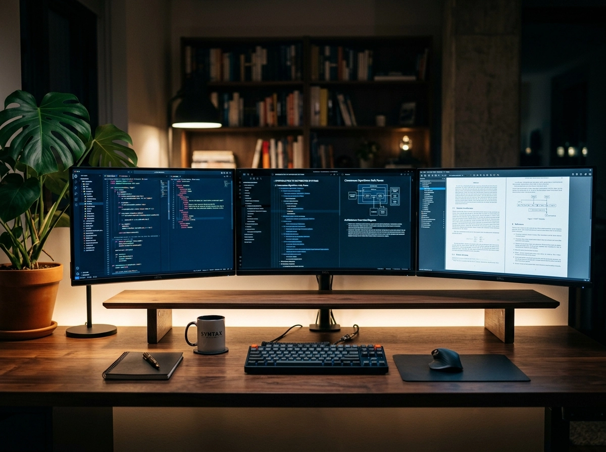 A cinematic, wide-angle shot of a high-end, professional technical workspace, captured with a 35mm lens at f/2.8 to create a shallow depth of field that softens the background. Three ultra-wide monitors are mounted symmetrically on a dark walnut desk, displaying a sophisticated workflow: the left screen shows a complex, color-coded syntax structure in a dark-mode IDE; the center screen displays a meticulously organized, multi-layered technical outline; the right screen shows a polished, coherent long-form technical manuscript. The lighting is a blend of cool, crisp screen glow and warm, soft ambient light from a hidden desk lamp, casting subtle, realistic shadows. A single, healthy monstera plant sits in the corner, adding a touch of organic texture. The aesthetic is clean, minimalist, and deeply analytical, emphasizing precision and structural clarity. The air is clear and atmospheric, devoid of clutter, suggesting a high-intent environment where specialized AI tools are being curated for complex documentation. Photorealistic textures, 8k resolution, neutral color palette with deep blues and soft amber highlights, professional architectural photography style, sharp focus on the central monitor, natural lighting physics.