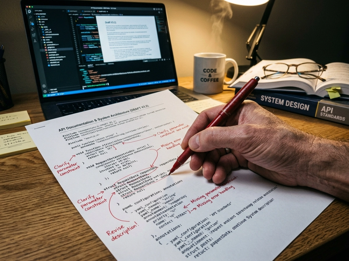 A cinematic, high-detail close-up shot focusing on the tactile intersection of human expertise and technical documentation. An experienced technical writer’s hand is captured mid-motion, holding a professional red ink pen poised over a crisp sheet of paper filled with dense, complex code snippets and technical annotations. The lighting is warm and moody, cast from a nearby desk lamp that creates soft highlights on the grain of the paper and the subtle texture of the writer’s skin, while casting deep, rich shadows across the workspace. In the soft-focus background, a high-resolution laptop screen displays an integrated development environment with syntax-highlighted code, blurring into the bokeh. The desk is authentically cluttered with a ceramic coffee mug showing slight steam, open reference manuals with dog-eared pages, and scattered sticky notes, grounding the image in a realistic, high-pressure editorial environment. Shot on a 50mm macro lens with a shallow depth of field to emphasize the precision of the red pen tip against the technical text. The color palette features deep mahogany, slate grey, and sharp accents of crimson, conveying an atmosphere of meticulous scrutiny, intellectual rigor, and the essential, non-negotiable role of human oversight in technical content creation.