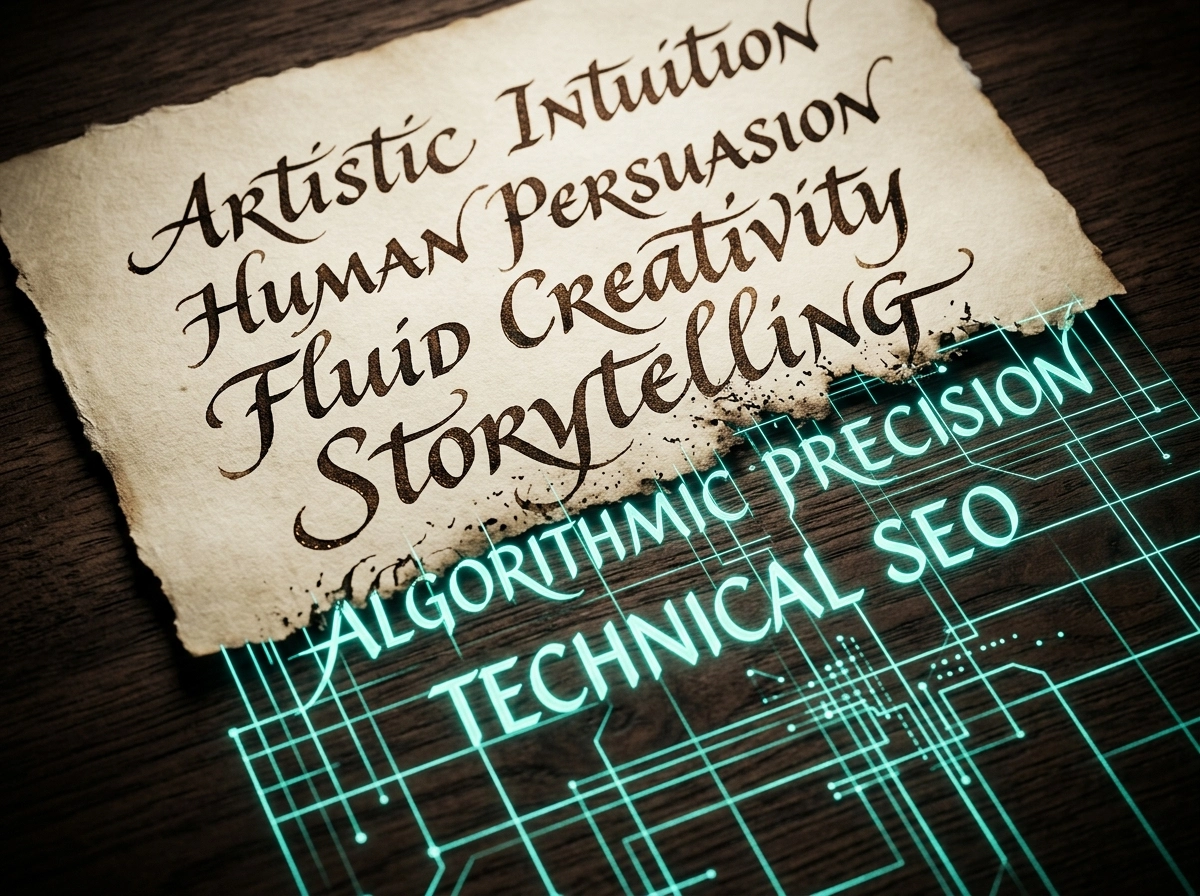 Comparison of manual writing vs ai, highlighting human creativity versus technical seo precision.