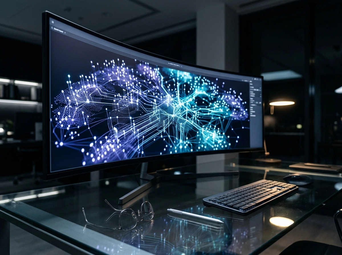 Cinematic photorealistic shot of a high-end, minimalist workspace focusing on technical precision. A large, ultra-wide curved monitor displays a sophisticated, abstract data visualization: a glowing, three-dimensional topography of interconnected search intent nodes and semantic clusters, rendered in deep indigo, electric cyan, and crisp white light. The aesthetic is clean and precise, emphasizing the analytical power of SEO software. On the polished glass desk sits a pair of high-end, thin-rimmed spectacles resting next to a precision stylus, suggesting an expert’s meticulous oversight. The lighting is sharp and directional, casting subtle, elegant shadows that emphasize the transparency of the glass and the metallic textures of the workspace. Shallow depth of field with a soft, out-of-focus background of a darkened, modern office space. The atmosphere is professional, serene, and highly controlled, evoking the feeling of a digital architect fine-tuning a content strategy. 8k resolution, shot on a 35mm lens, f/2.8, sharp focus on the screen’s intricate data patterns, cool-toned color palette with high contrast, hyper-realistic textures, no distortion, no text, no charts.