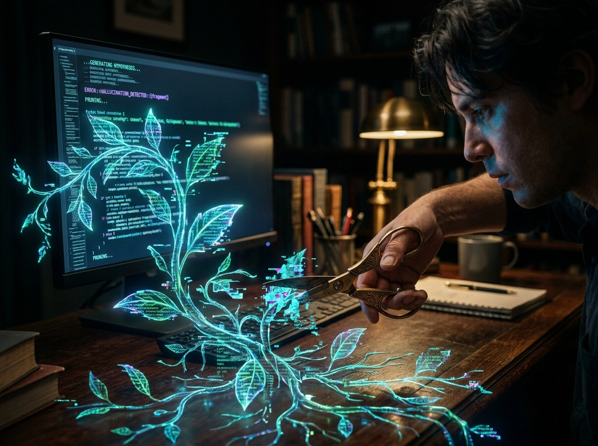Man using scissors to prune a digital plant, representing AI content generator editing and refinement.
