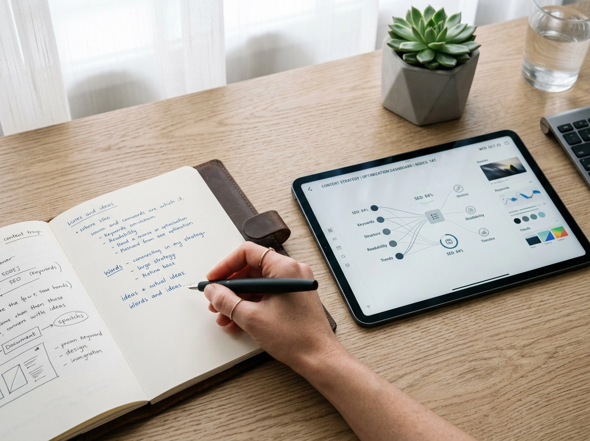 Person writing in a notebook next to an SEO content writing software dashboard on a tablet.