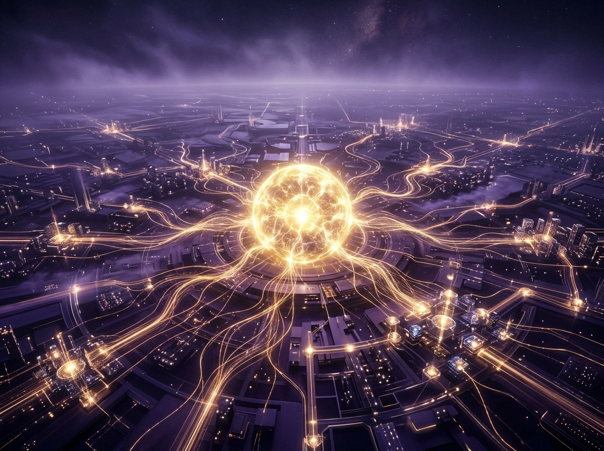 Glowing golden sphere in a digital city, illustrating seo content writing software efficiency.