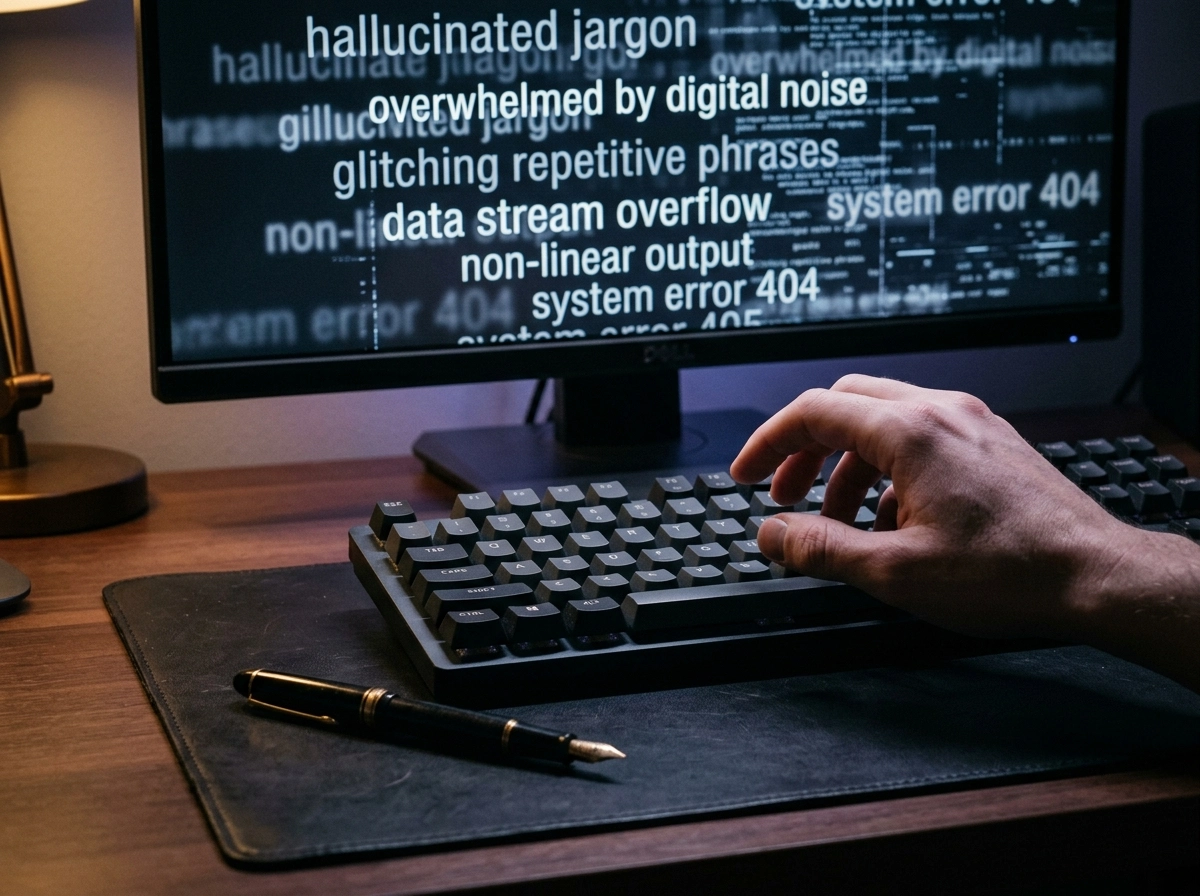 A hand typing on a keyboard, showing the risks of using an unreliable AI writer generator for content.