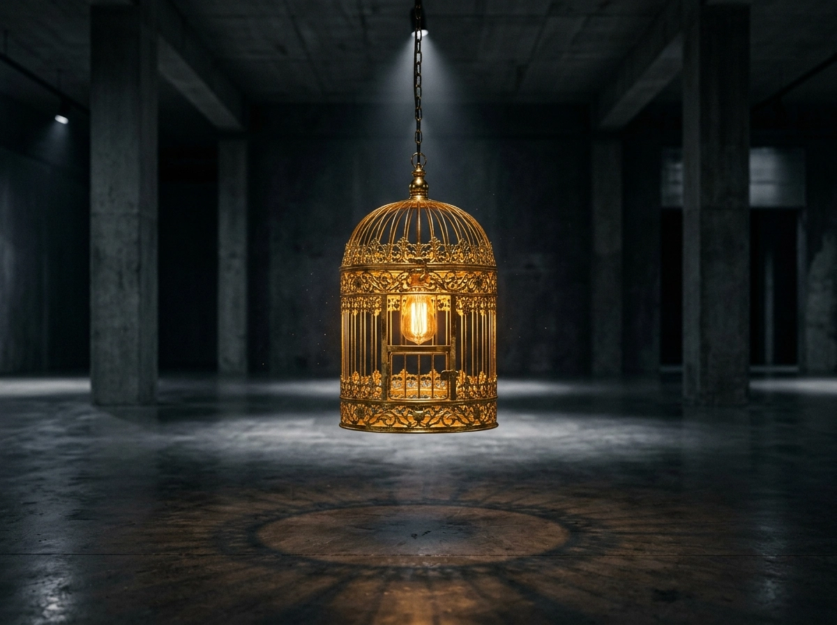 A glowing golden birdcage lamp in a dark room, symbolizing the constraints of poor AI content creation.