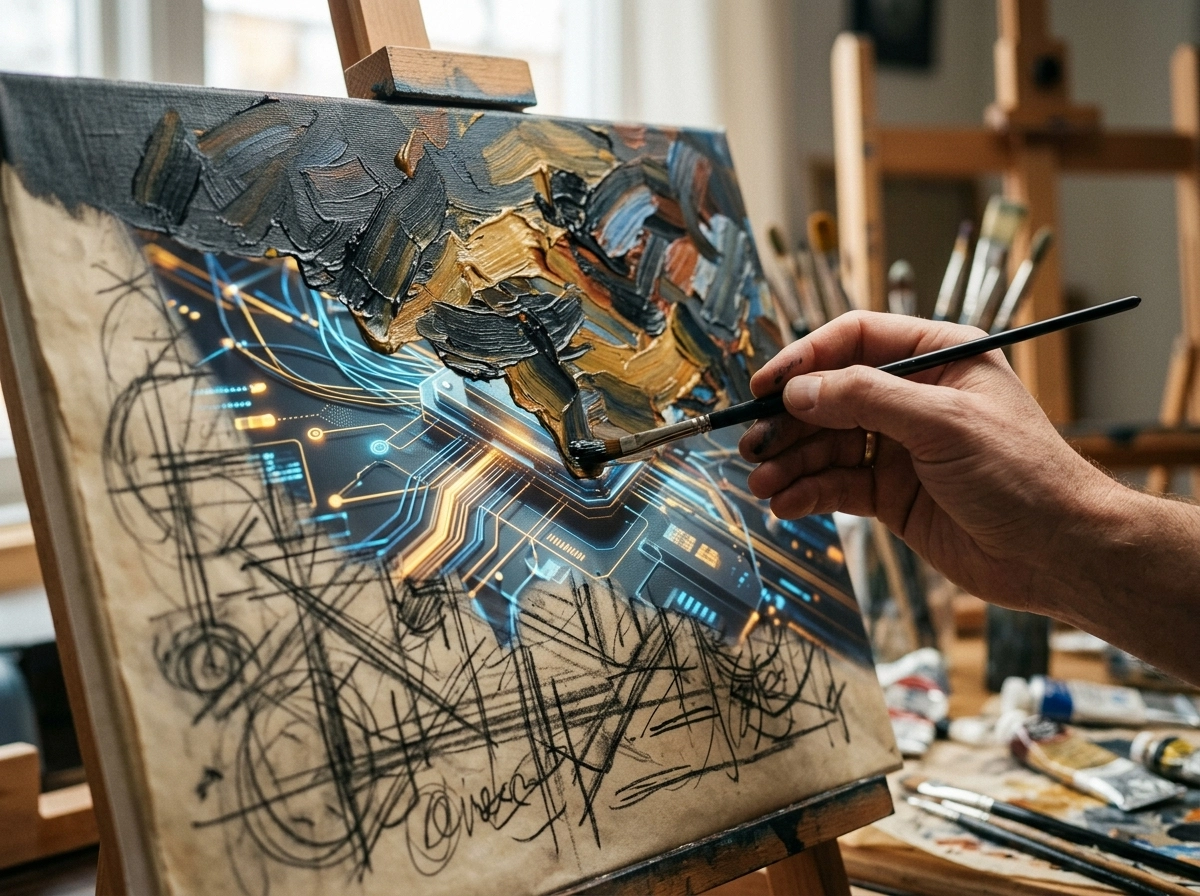 Artist painting a digital circuit board, blending art with AI writing tools for content creation.