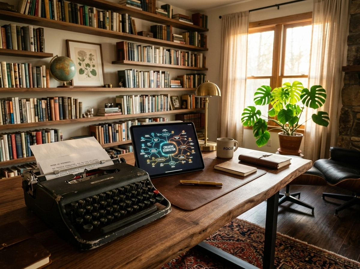 A home office desk with a vintage typewriter and tablet using AI writing tools for content creation.