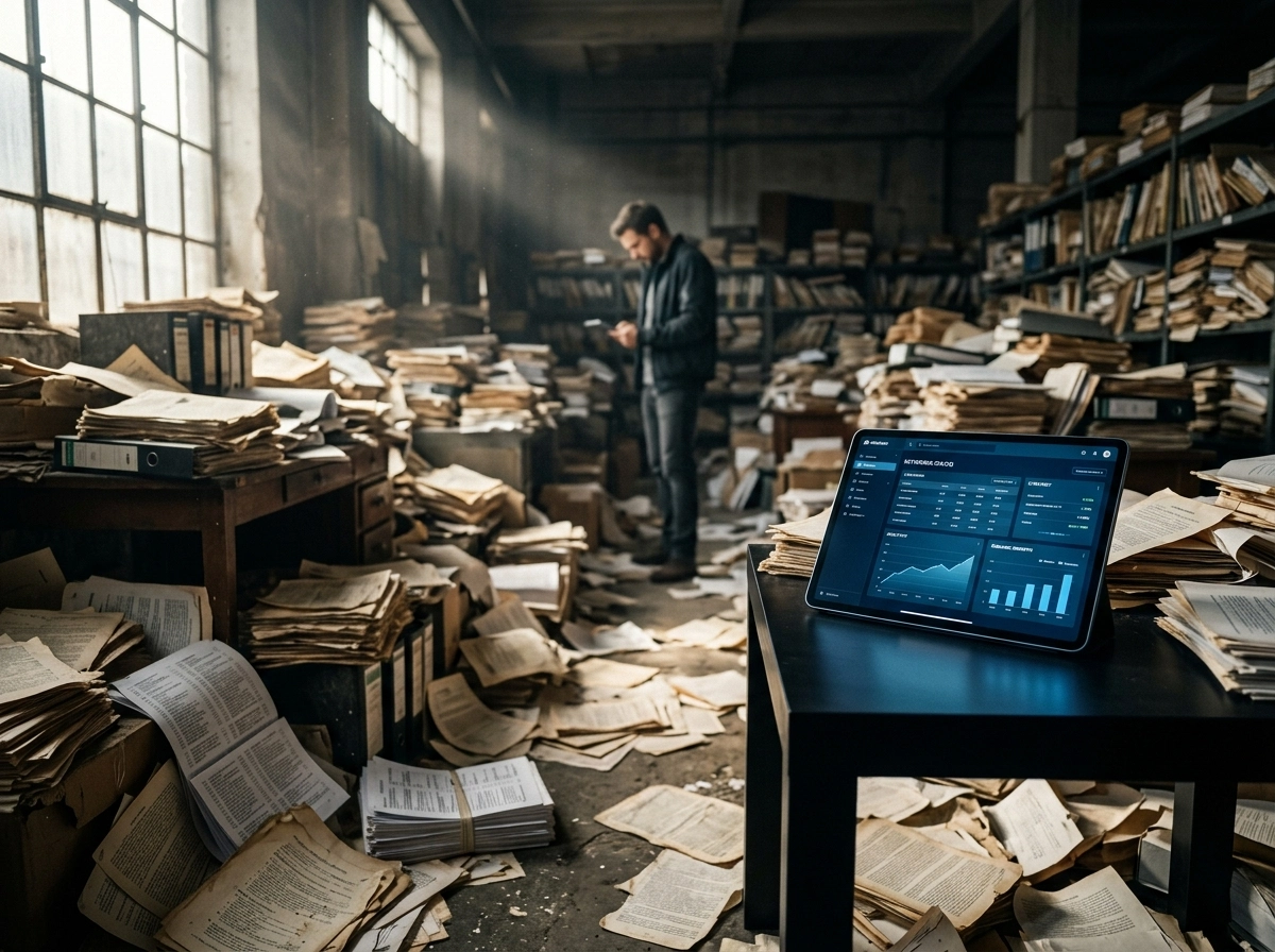 A tablet displaying seo content software analytics in a messy office, replacing manual drafting.