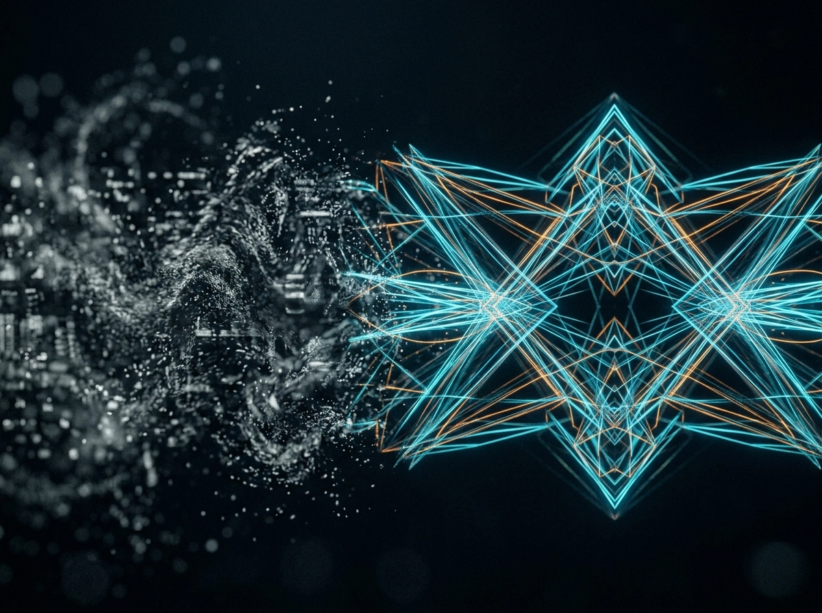 Abstract digital particles forming a structured network, representing an automated seo blog writer.
