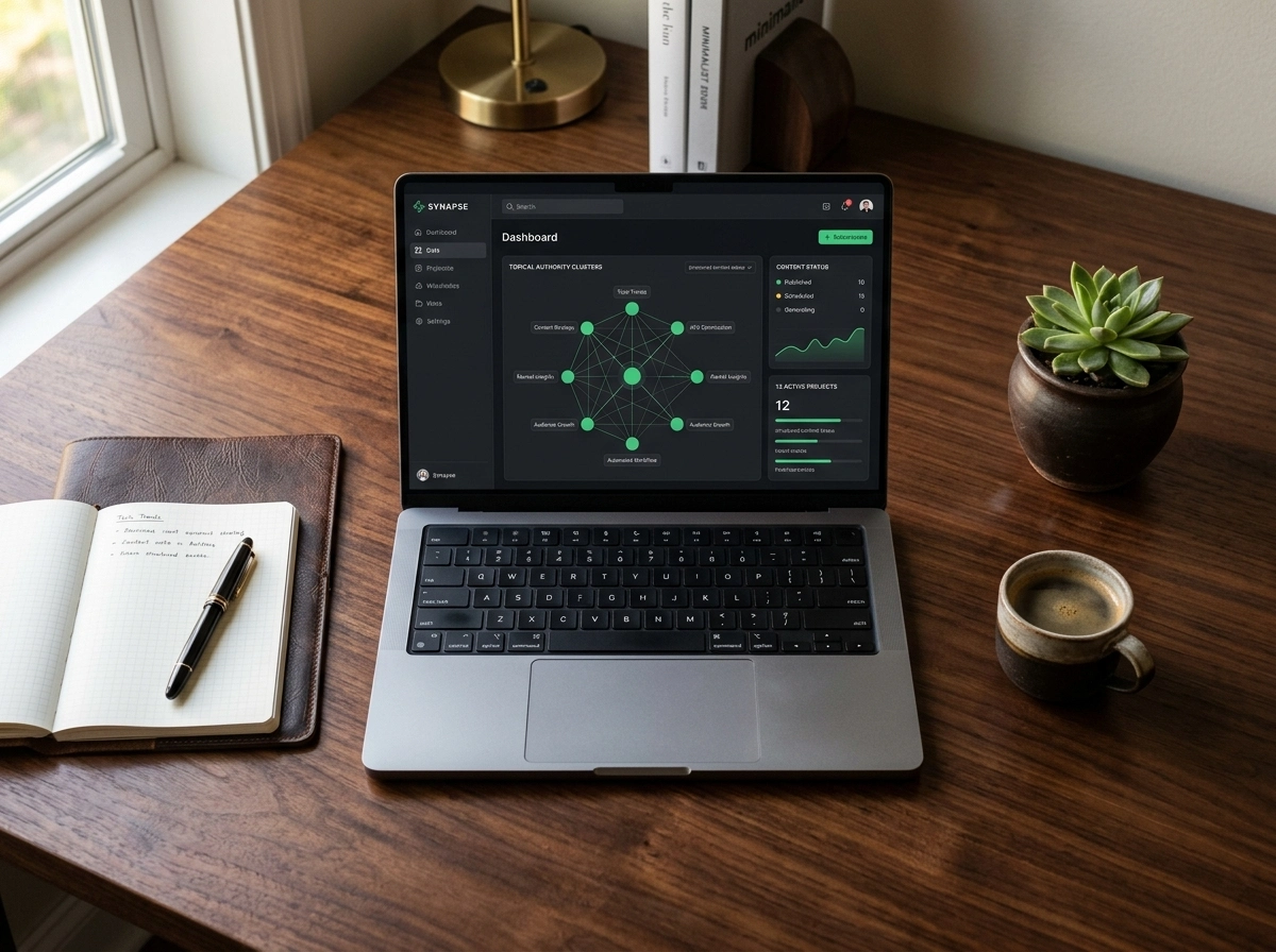 Laptop showing seo content software dashboard, ideal for niche site seo and automated content creation.