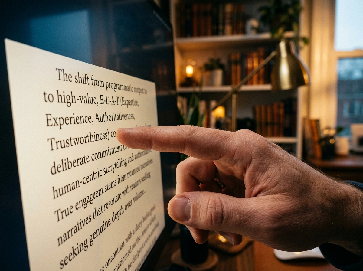 Hand pointing at screen showing E-E-A-T principles for an automated seo blog writer.