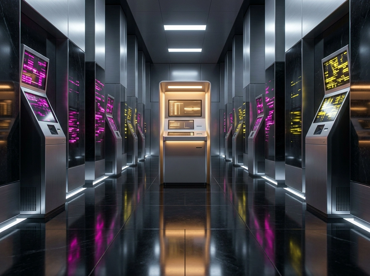 Futuristic server room representing automated content creation and seo content software.